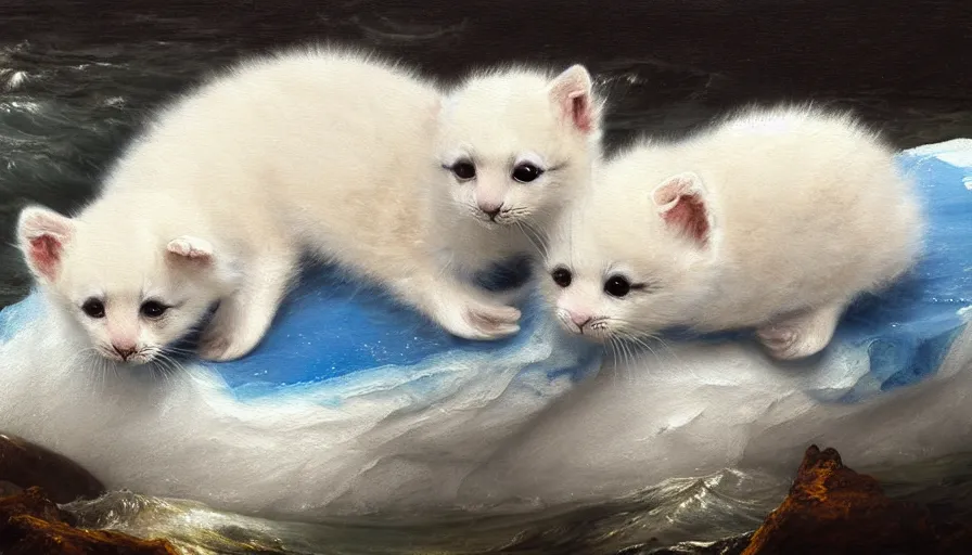Prompt: highly detailed painting of cute furry white baby seal kittens cuddling into each other on a blue and white iceberg by william turner, by greg rutkowski, by william constable, thick brush strokes and visible paint layers, 4 k resolution