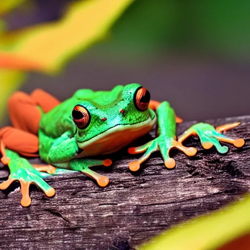 Prompt: photo orange and { teal } frog