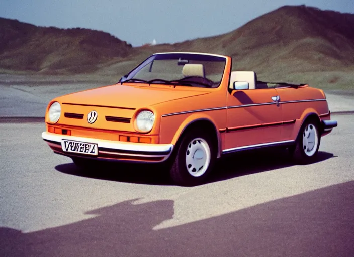 Image similar to retro color photo of a volkswagen cabriolet the 8 0's. gradient sky in the background