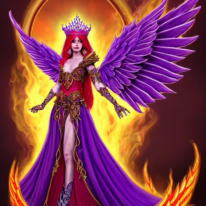 Image similar to Princess sorceress with red flaming bird wings on her back and sitting on an ornate throne dressed in a fancy long purple dress, beautiful realistic symmetrical defined face, Slight smile and open eyes, anatomically correct, Fantasy, Full Portrait, High detail, realistic, planeswalker