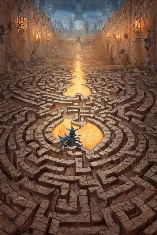 Prompt: one way perspective labyrinth with gargoyles spell scroll art by artgerm and greg rutkowski and Craig Mullins, James Jean, Andrey Ryabovichev, Mark Simonetti and Peter Morbacher 16k