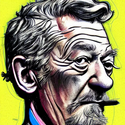 Prompt: a realistic yet scraggly portrait sketch of the side profile of a stern and sophisticated lan mckellen, trending on artstation, intricate details, colorized by lisa frank, in the style of frank auerbach, in the style of sergio aragones, in the style of martin ansin, in the style of david aja, in the style of mattias adolfsson