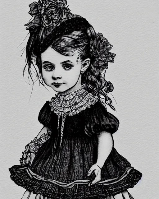 Prompt: little victorian girl, black ink on paper, trending on artstation, beautiful, intricate, detailed