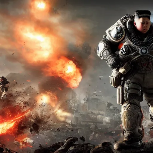 Image similar to kim - jong un in gears of war, splash art, movie still, detailed face, cinematic lighting, dramatic, octane render, long lens, shallow depth of field, bokeh, anamorphic lens flare, 8 k, hyper detailed, 3 5 mm film grain