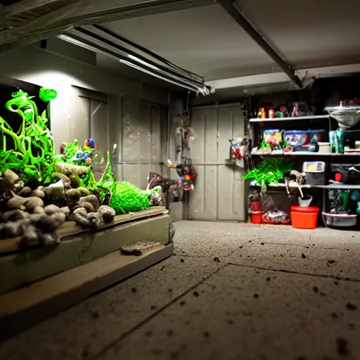 Prompt: garage with carnivorous plants on the shelves and packing peanuts on the floor, scene from tv show hyper detailed 5 5 mm 8 5 mm, low - light photography by tyler williams, made out of plastic