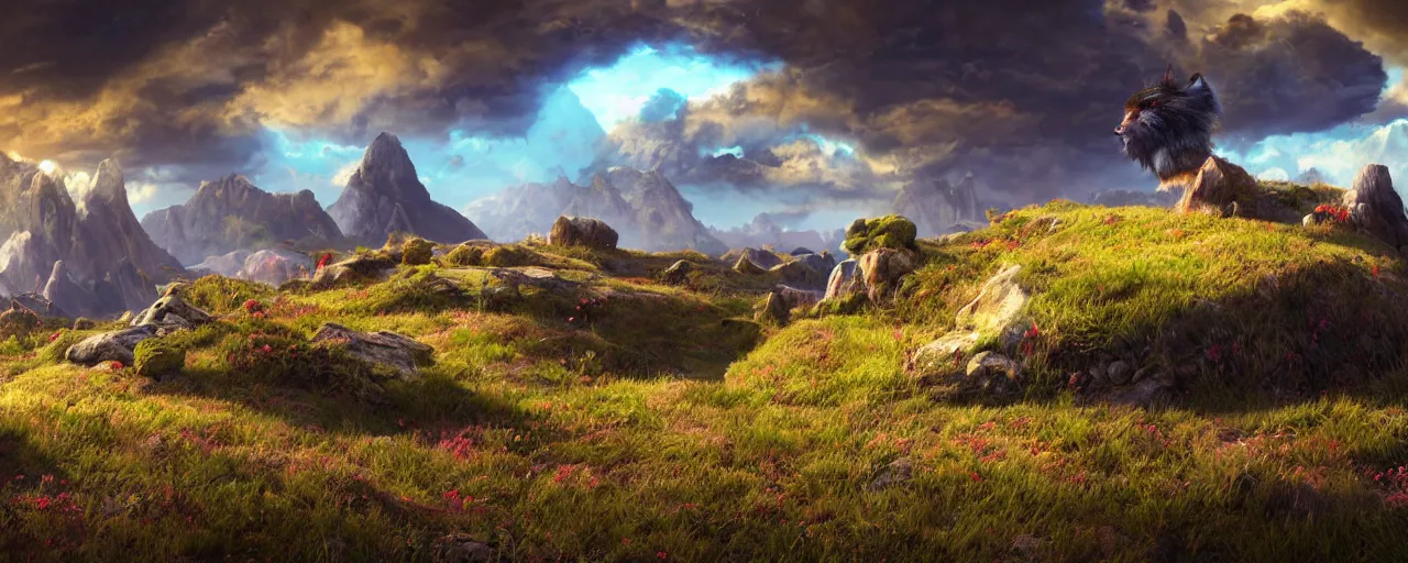 Image similar to ” otherwordly landscape of furry hills, [ colourful, cinematic, detailed, epic, widescreen, opening, establishing, mattepainting, photorealistic, realistic textures, octane render ] ”