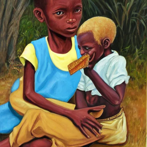 Prompt: oil painting of a malnourished ugandan boy sharing bread with a blond well fed child american, by kelly freas