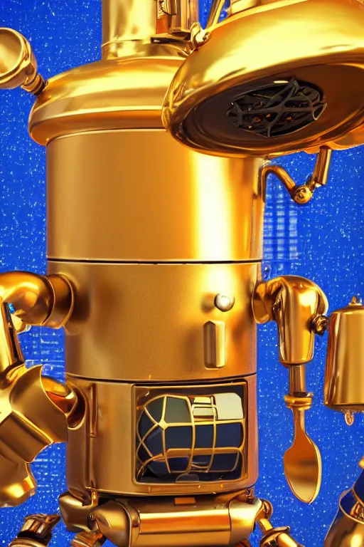 Image similar to portrait photo of a giant golden and blue metal steampunk kitchen robot cook chef with pots and pans and tubes, wearing a big chef hat, eyes are green lights, shiny crisp finish, 3 d render, 8 k, insaneley detailed, fluorescent colors, background is multicolored lasershow