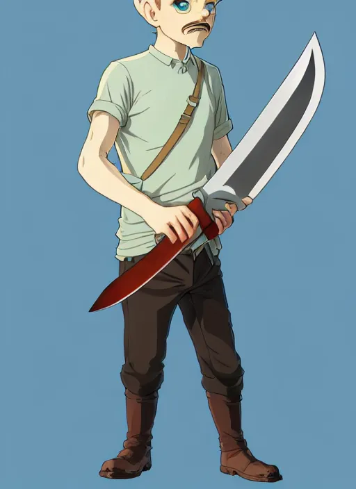 Image similar to art young lenin with giant knife \, light blue eyes, pale skin, freckles, sad expression, t - shirt, modern casual clothing, natural lighting, path traced, highly detailed, high quality, cartoon, digital painting, by don bluth and ross tran and studio ghibli and alphonse mucha
