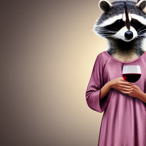 Image similar to a photorealistic racoon wearing an elegant night gown holding a cup of wine