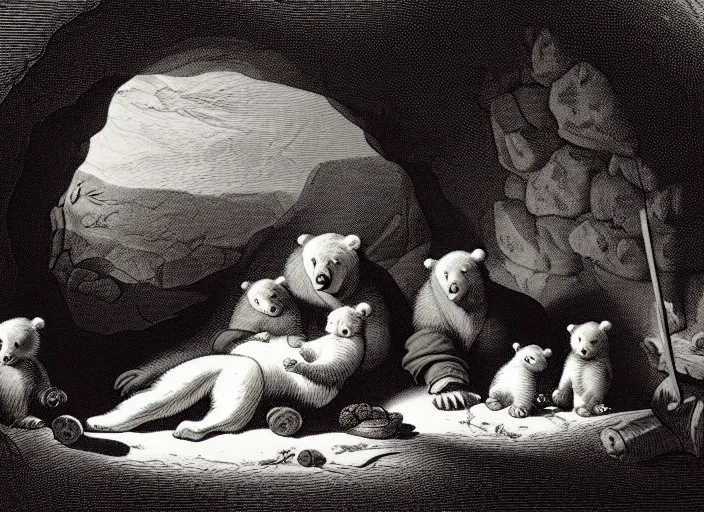 Image similar to Pieter Claesz's 'bear and her cubs sleeping in a dark cave lit by campfire', night time, cross hatching, framed