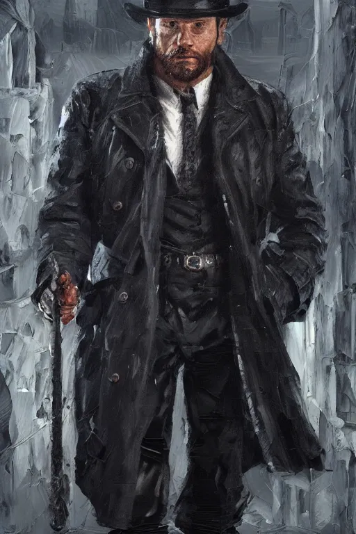 Prompt: palette knife oil painting of the norse god tyr as a noir detective with a missing hand. fedora, trenchcoat. extreme detail. artstation trending, any racial background, artgerm, deviant art, octane, substance, art history 8 k