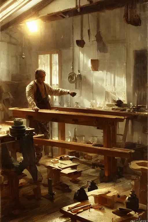 Image similar to simple craftsman fine woodworker building a wooden table in their well lit clean open workshop, art by anders zorn, wonderful masterpiece by greg rutkowski, beautiful cinematic light, american romanticism thomas lawrence, greg rutkowski