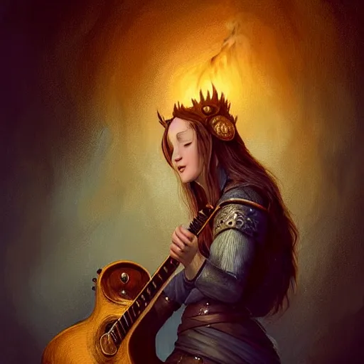 Prompt: Bard rocking out with a guitar in a medieval pub, female, fantasy, arcane glow, druidic runes, dramatic, intricate, sly smile, human face, fox ears, elegant, highly detailed, digital painting, artstation, concept art, smooth, sharp focus, illustration, octane render, art by Leesha Hannigan, Ross Tran, Thierry Doizon, Kai Carpenter, Ignacio Fernández Ríos