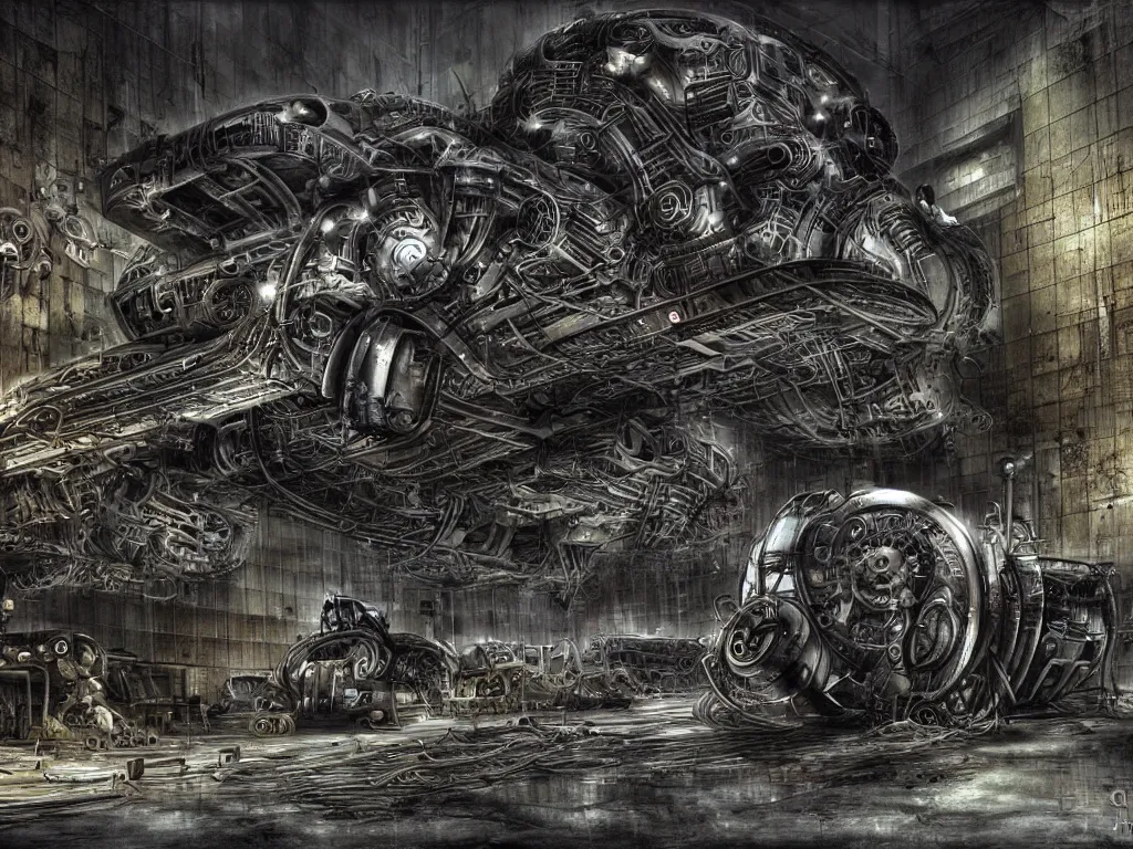 Prompt: a complicated bulldozer inside a parking garage, biomechanical, biopunk, dark, gloomy, hazy, spotlights, oil spills, art by HR Giger, digital art