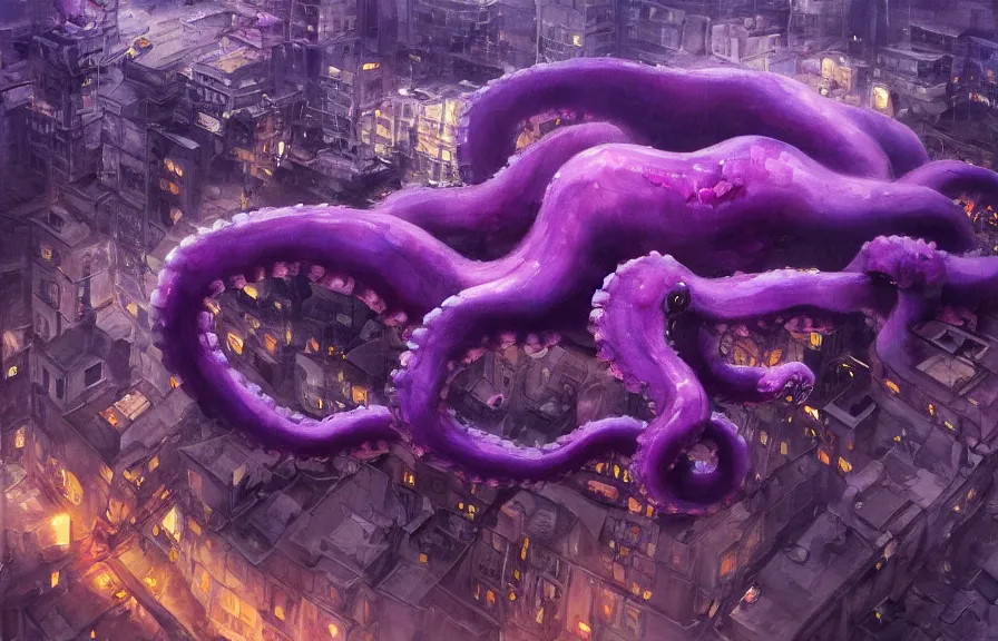 Prompt: aerial!!!! view looking down on a giant purple octopus monster moving through!!! buildings in a dark, dim, detailed city, extremely detailed!!! oil painting, dull palette, dramatic lighting, trending on artstation