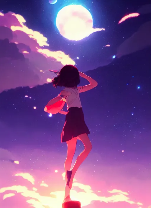 Image similar to girl floating on the night sky, gaint planet in the background, illustration concept art anime key visual trending pixiv fanbox by wlop and greg rutkowski and makoto shinkai and studio ghibli