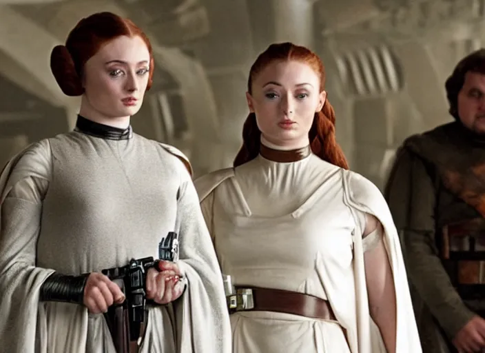 Prompt: still of sophie turner as princess leia with jabba in star wars, high resolution