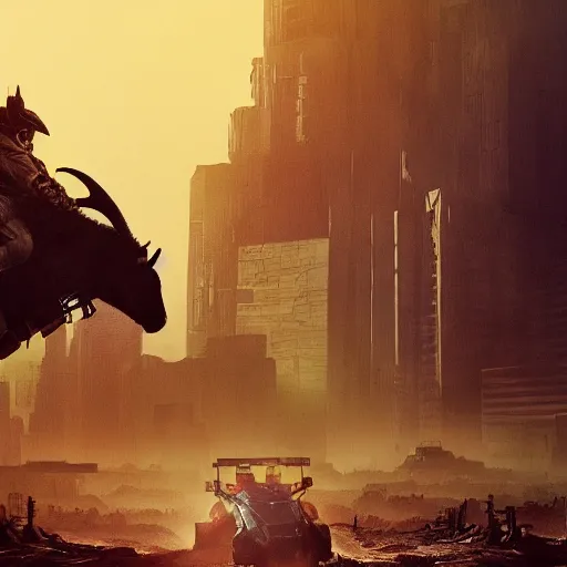 Image similar to three goats running from Judge Dredd riding across the Cursed Earth with a trail of dust behind them, and the ruins of Minneapolis ahead. Hyperrealistic, Blade Runner 2047, artstation, movie poster art