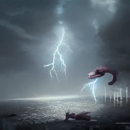 Prompt: highly detailed shocked Axolotl hit by lightning from the sky in a small puddle, thunder, dramatic, dark, fantasy, digital art, hyperrealistic, cinematic lighting, Greg Rutkowski, Trending on Artstation, highly detailed