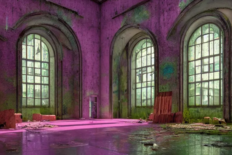 Image similar to abandoned 9 0 s monastery interior with large organic circular windows, rain like a dream, oil painting, cinematic, dramatic, volumetric lighting, cyberpunk, basquiat + francis bacon + gustav klimt + beeple, elevated street art, fantasy lut, textural, pink, blue, purple, green,