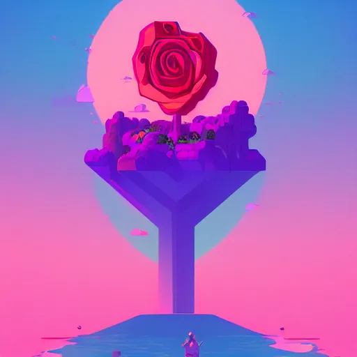 Prompt: beautiful digital rose in stunning pink sea, VERY LIGHT purple and blue scheme, isometric, by Anton Fadeev and Simon Stalenhag, trending on artstation, low contrast