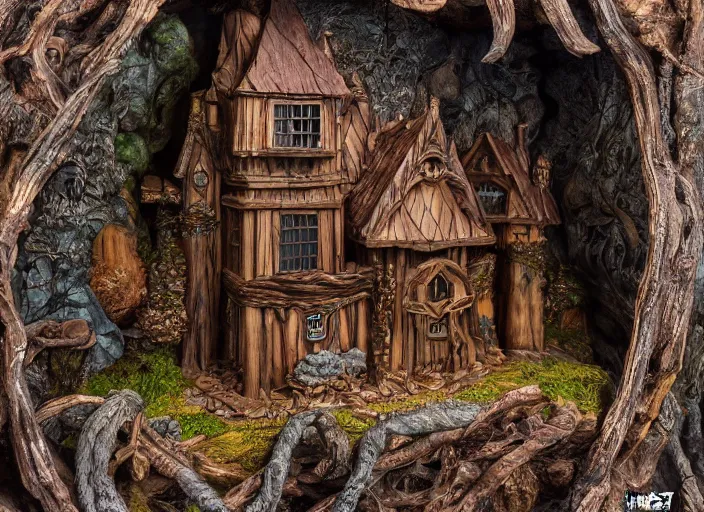 Image similar to high - res gopro photograph from within a wooden sculpture diorama with a fantasy castle, highly detailed sculpey diorama, forest setting in iceland, waterfall backdrop, realistic materials, wood, felt, cloth, burlap, copper wire, hot glue, smooth, sharp foccus, commercial product photography,