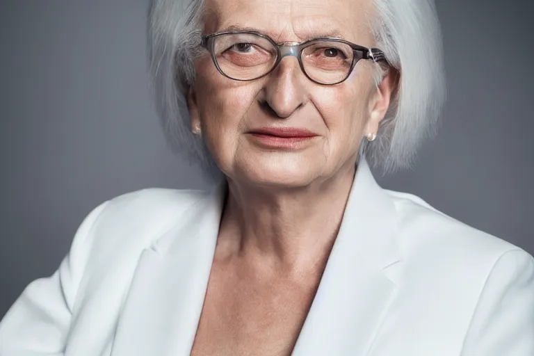 Image similar to a realistic studio cinematic headshot portrait of a beautiful old woman, wearing futuristic white suit, ceo, 4 k, ultra realistic, dramatic lighting, vogue, fashion, by annie leibovitz