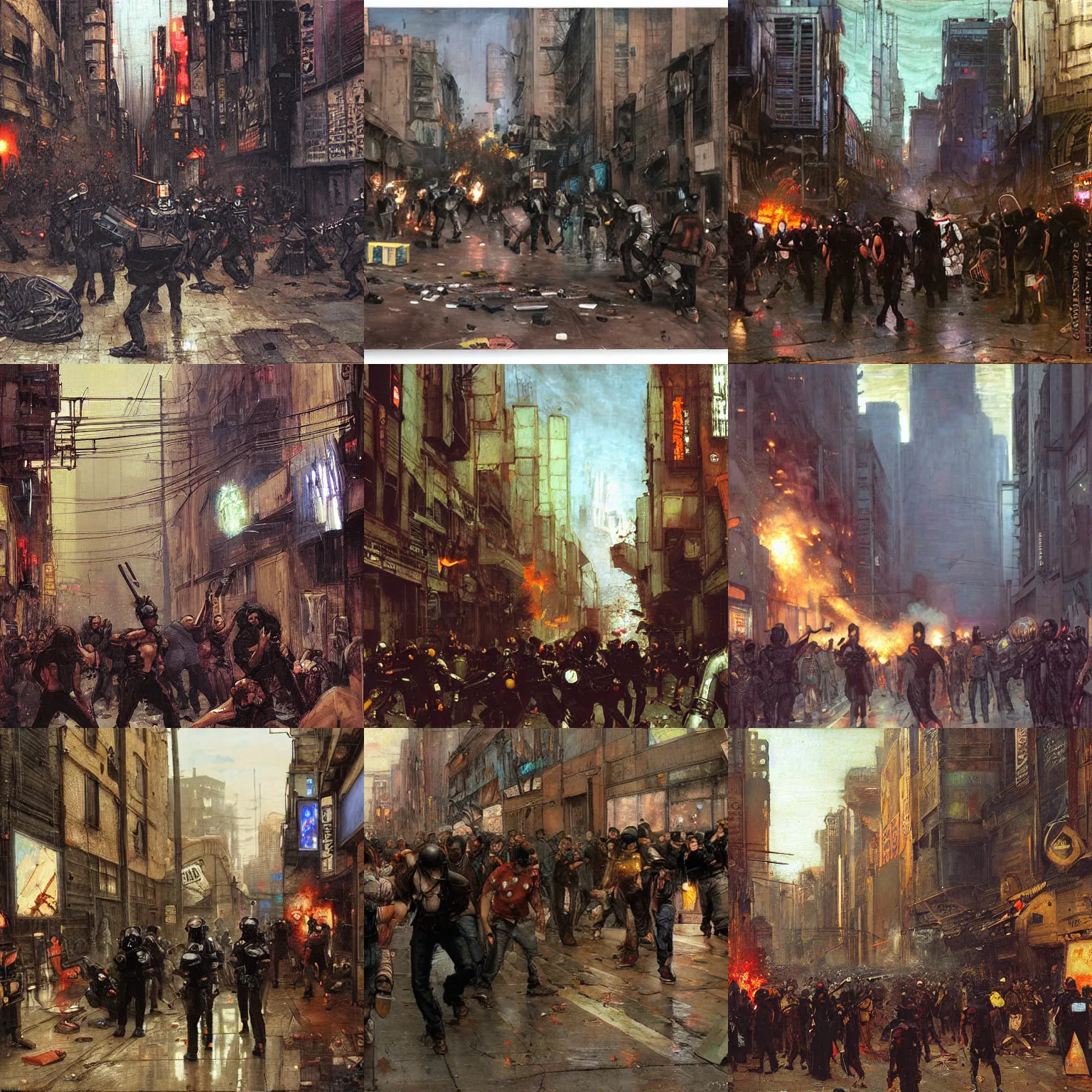 Prompt: A cyberpunk street riot painted by John William Waterhouse