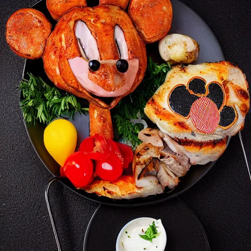 Prompt: Food photography award winning rotisserie grilled Mickey Mouse on a platter