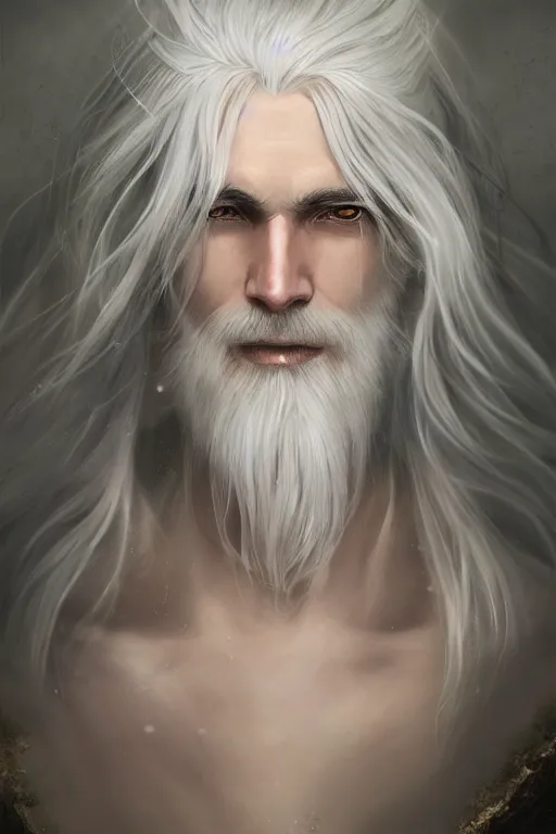 Image similar to white haired robe fu xi full male front body portrait, very long white beard and hair, long hair shawl, fine kindness delicate prefect face features gaze, piercing eye, elegant, style of tom bagshaw, cedric peyravernay, peter mohrbacher, victo nga, 4 k hd illustrative wallpaper, animation style, chinese style