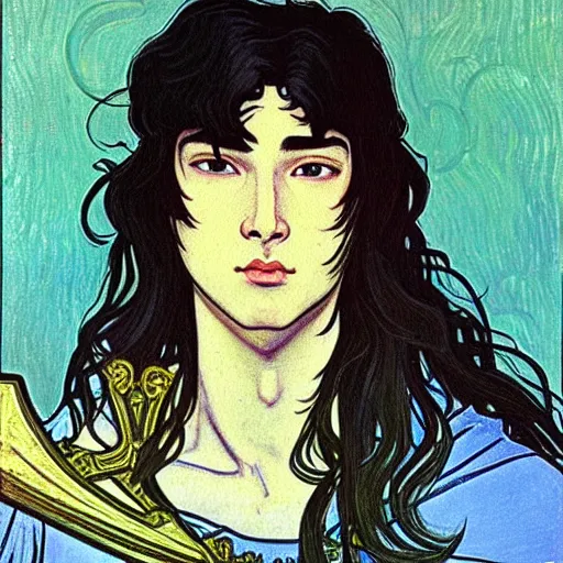 Image similar to painting of young handsome beautiful paladin elf!! man with long! wavy dark hair in his 2 0 s named taehyung minjun at the blueberry party, wearing armor!, long hair, elf ears, elegant, clear, painting, stylized, delicate, soft facial features, art, art by alphonse mucha, vincent van gogh, egon schiele,