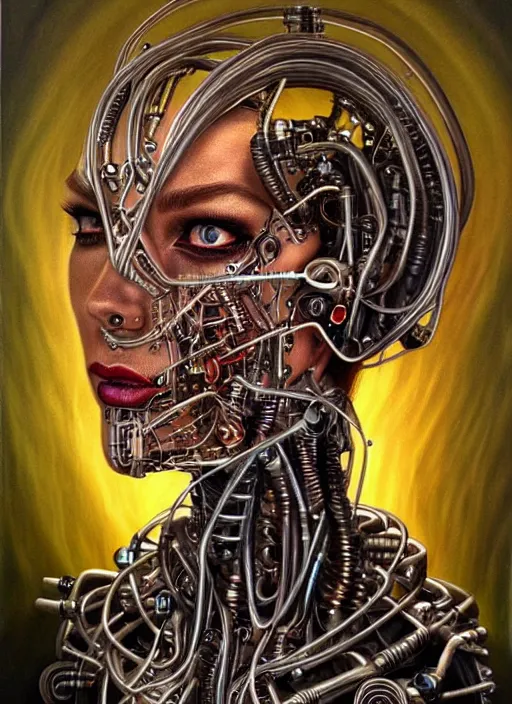 Image similar to biopunk cyborg portrait by julie bell, intricate biopunk patterns, vacuum tubes, detailed!, very sharp!!!