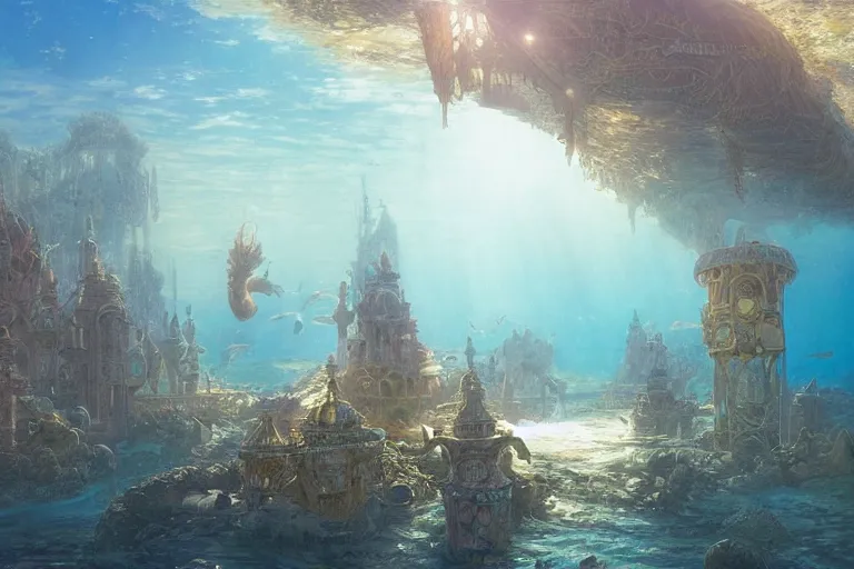 Prompt: a scenic landscaping view of the lost and abandoned city of Atlantic under water, ray of sunlight, mermaids in distance, Greg Rutkowski, Moebius, Mohrbacher, Mucha, blue and gold color scheme, ultra wide angle, ultra detailed, light effect