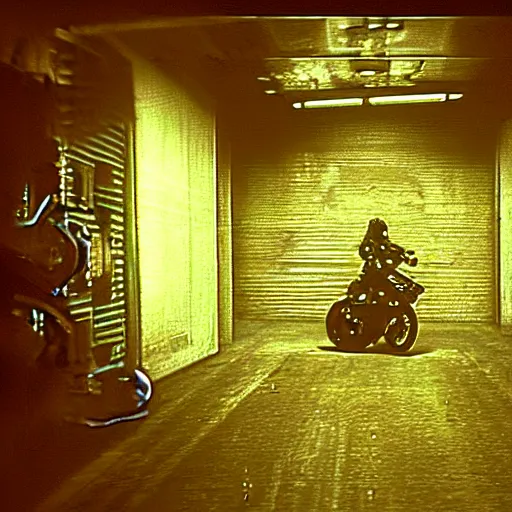 Prompt: a man sitting on a motorcycle in a room, a screenshot by giger, cg society, holography, reimagined by industrial light and magic, movie still, sci - fi