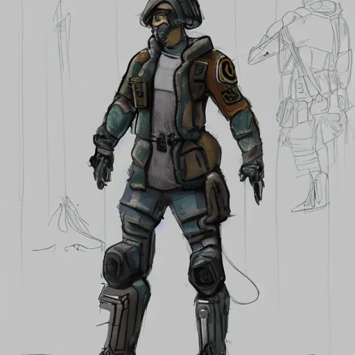 Prompt: character concept design of a cyberpunk soldier