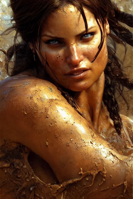 Image similar to muscular sweat lara croft, covers with mud, exhausted, face close up, highly detailed painting by gaston bussiere, craig mullins, j. c. leyendecker 8 k