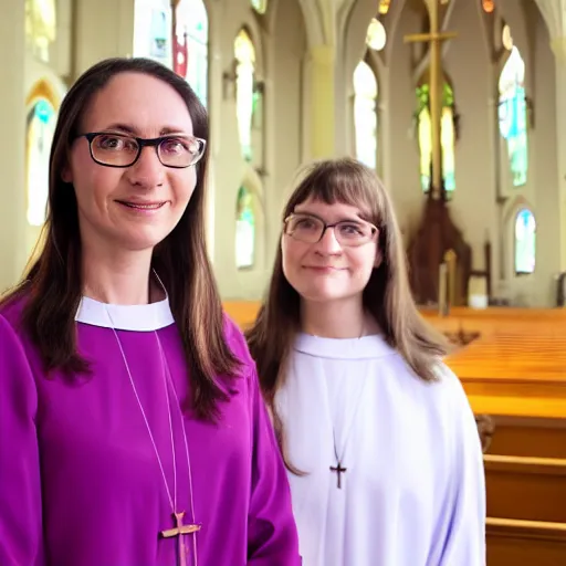 Prompt: two identical female priests standing across from each other in a beautiful church, clean digital art, upscaled