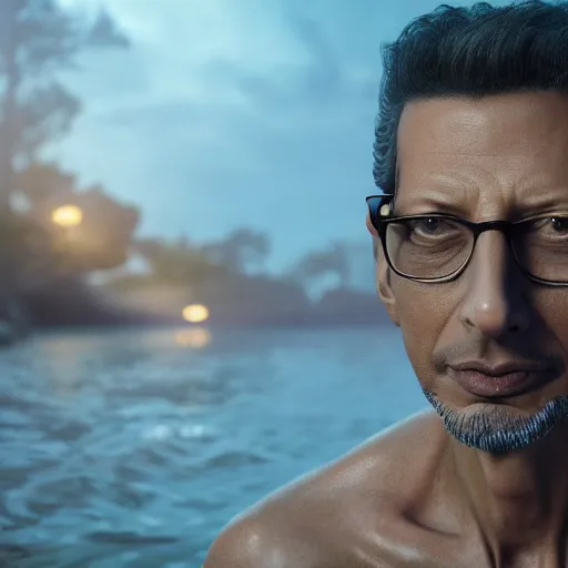 Image similar to hyperrealistic dslr film still of jeff goldblum in lagoon, stunning 8 k octane comprehensive 3 d render, inspired by istvan sandorfi & greg rutkowski & unreal engine, perfect symmetry, dim volumetric cinematic lighting, extremely hyper - detailed, incredibly real lifelike attributes & flesh texture, intricate, masterpiece, artstation, stunning