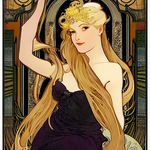 Prompt: blonde with champagne. art by mucha!!! and wlop