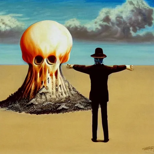 Image similar to a skeleton walking on a beach next to the ocean with nuclear bomb explosion in the background, a naturalism painting by Storm Thorgerson, featured on cg society, matte painting, realistic, chillwave, anatomically correct, light colors, photo-realistic huge mushroom-cloud, skull, hands