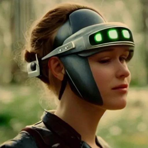 Image similar to movie still of a girl with a cyborg plants helmet, cinematic composition, cinematic light, by edgar wright and david lynch