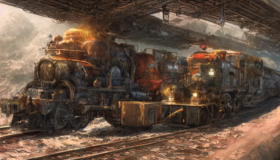 Image similar to craig mullins and ghibli digital illustration of a dragon train in deep ocean unreal engine, hyper realism, realistic shading, cinematic composition, realistic render, octane render, detailed textures, photorealistic, wide shot