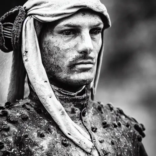 Image similar to Medieval squire with medieval clothes. Standing in the mud. Face closeup. Black & White photo.