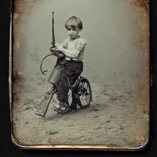 Image similar to tintype photo, boy rides a squid, underwater, jellyfish