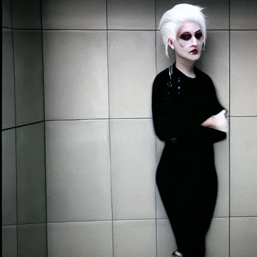 Prompt: a woman with white hair and makeup in a bathroom, an album cover by nan goldin, tumblr, international gothic, goth, antichrist, gothic