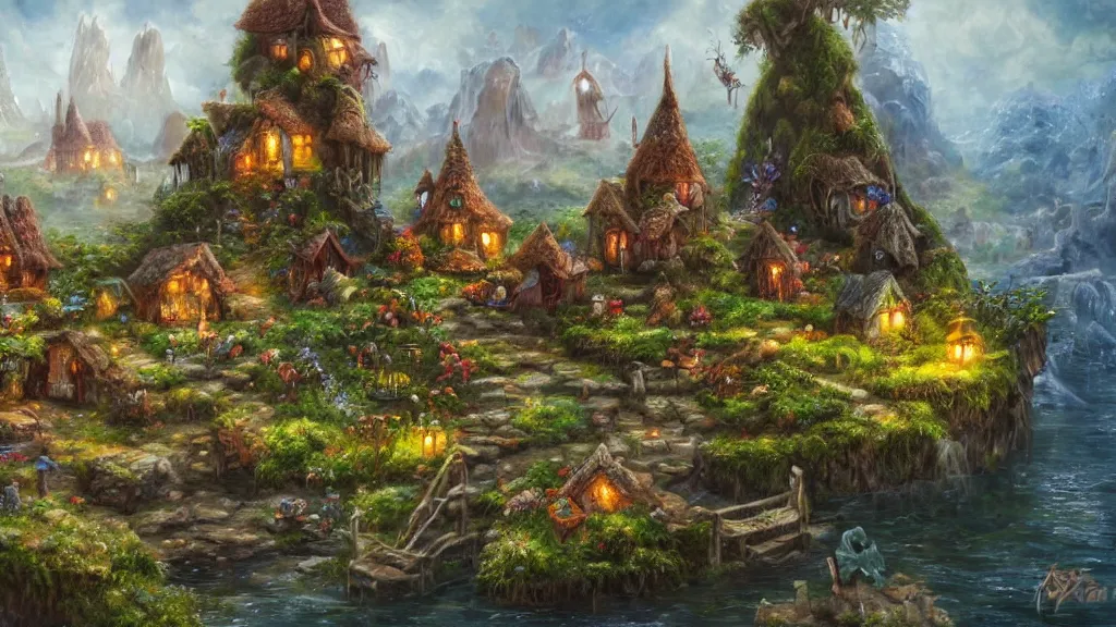 Prompt: a detailed fairy village near some rocks, highly detailed oil painting, epic fantasy art, abstraction, masterpeice, 8k