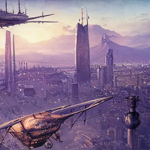 Image similar to a steampunk airship flies over santiago of chile, purple dawn, costanera center, by greg rutkowski and ivan shishkin