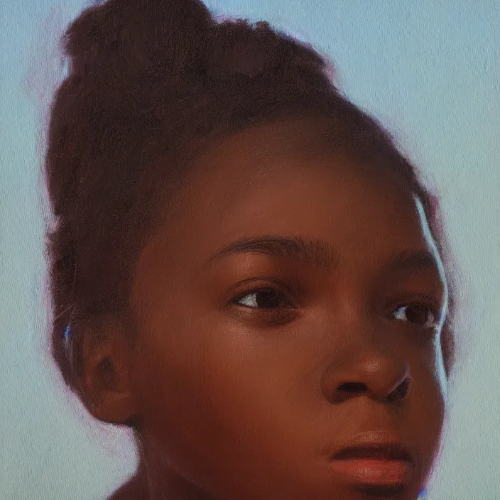 Image similar to a painting of a girl by Elizabeth Catlett. details, smooth, sharp focus, illustration, realistic, cinematic, artstation, award winning, rgb , unreal engine, octane render, cinematic light, macro, depth of field, blur, red light and clouds from the back, highly detailed epic cinematic concept art CG render made in Maya, Blender and Photoshop, octane render, excellent composition, dynamic dramatic cinematic lighting, aesthetic, very inspirational, arthouse.