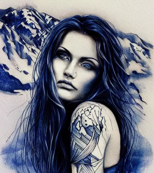 Image similar to tattoo design sketch of a beautiful blue - eyed woman face with a faded background of beautiful mountains and nature on her side, hyper - realistic, in the style of den yakovlev, amazing detail, black and white